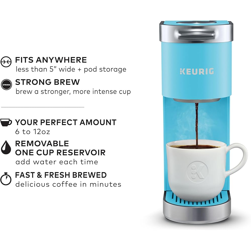 Keurig K-Mini Plus Single Serve K-Cup Pod Coffee Maker, with 6 to 12oz Brew Size, Stores up to 9 K-Cup Pods, Travel Mug Friendly, 1500 watts, Cool Aqua