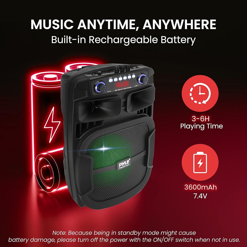 Pyle Portable Bluetooth PA Speaker System 800W 12 Inch Outdoor Speaker with Built-In Party Lights USB/SD Card Reader, FM Radio, Extendable Handle w/ Wheels Includes Wired Microphone &amp; Remote