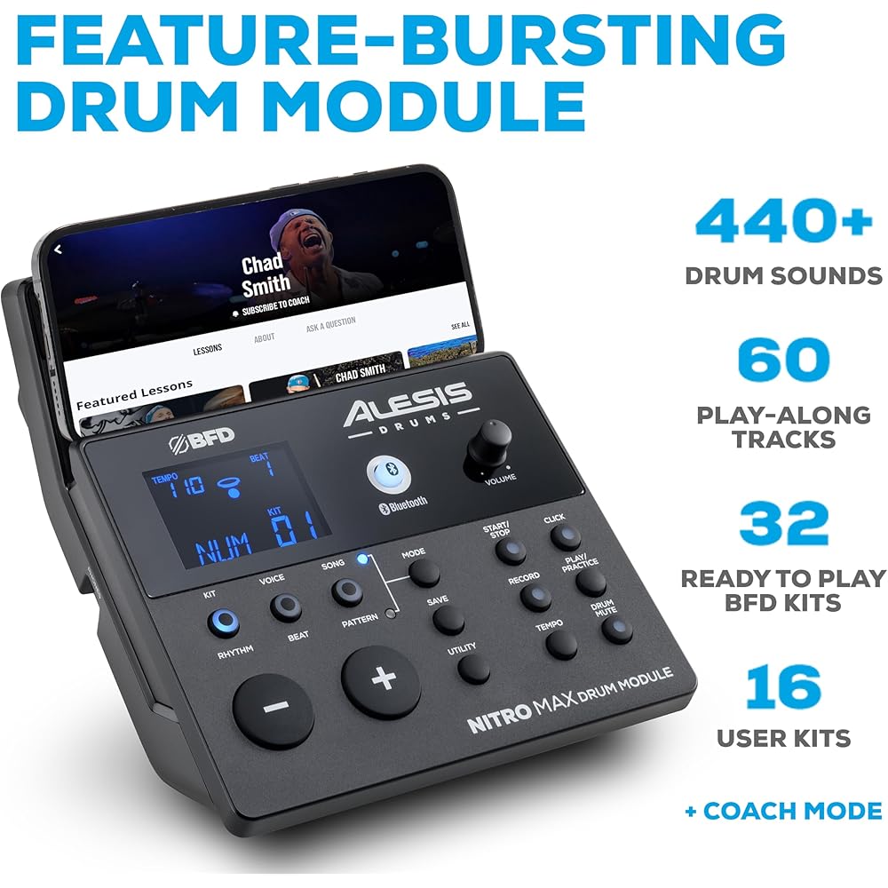 Alesis Nitro Max Kit 10 Piece Electric Drum Set with Quiet Mesh Pads, 10" Dual Zone Snare, Bluetooth, 440+ Sounds, Drumeo, Drum Throne and Headphones