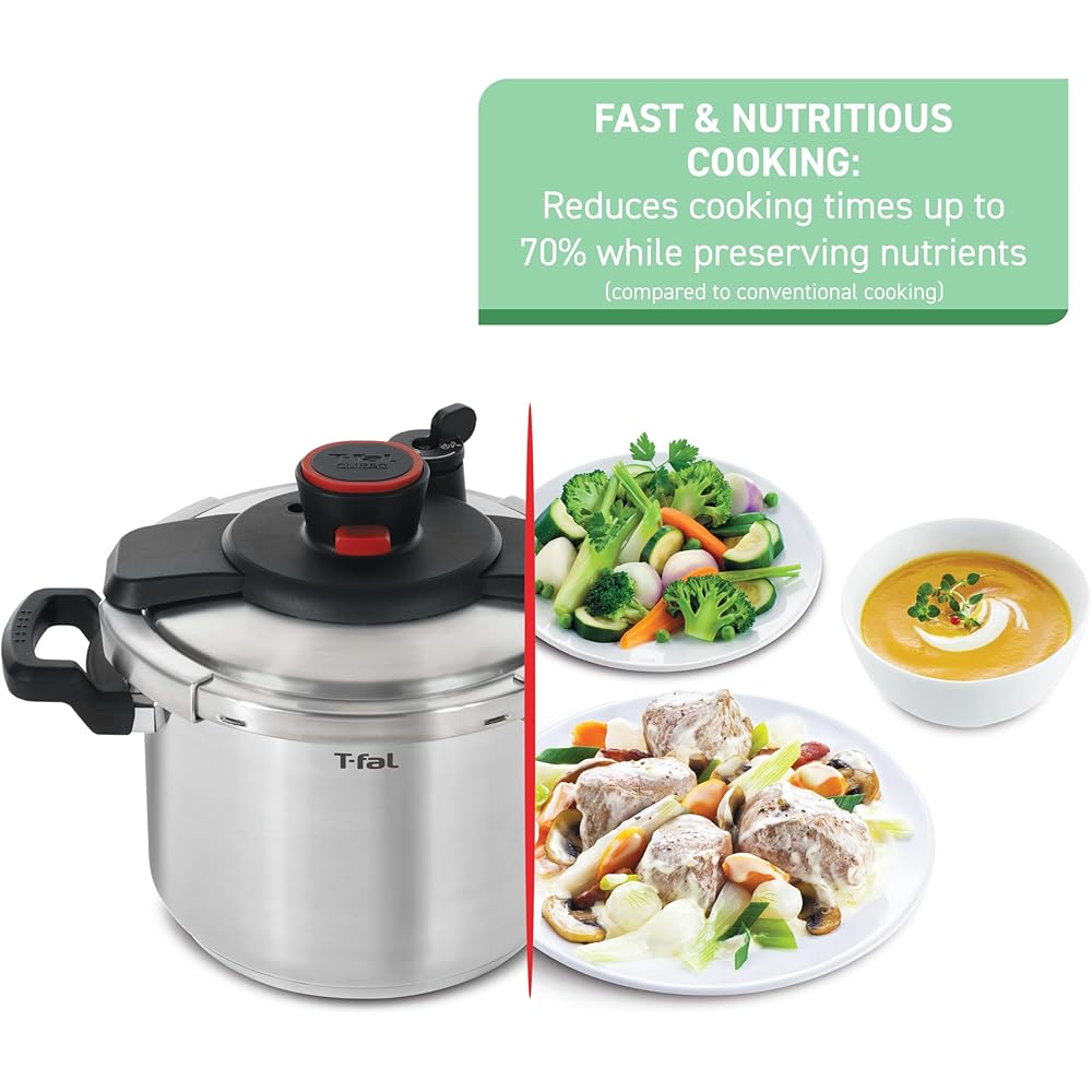 T-fal Clipso Stainless Steel Pressure Cooker 6.3 Quart, Induction, Secure locking System, One Hand System, Recipe Book Included, Cookware, Pots and Pans, Kitchen, Dishwasher Safe, Silver