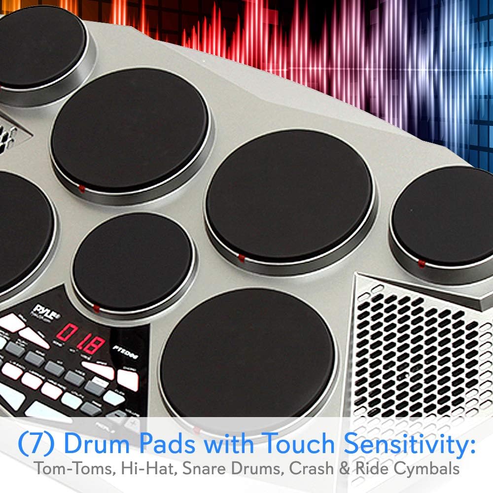 Pyle Pro Electronic Drum kit Portable Electric Tabletop Drum Set Machine with Digital Panel, 7 Drum Pad, Hi-Hat / Kick Bass Pedal Controller USB AUXTom Toms, Hi-Hat, Snare Drums, Cymbals PTED06
