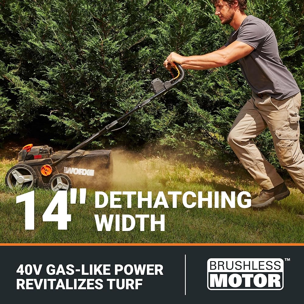 Worx Nitro 40V Cordless 14" Lawn Dethatcher w/ Brushless Motor, 2-in-1 Dethatcher and Scarifier Removes Deep Thatch, Dethatcher Cordless Tool to Improve Grass Health 2 Batteries &amp; Charger Included