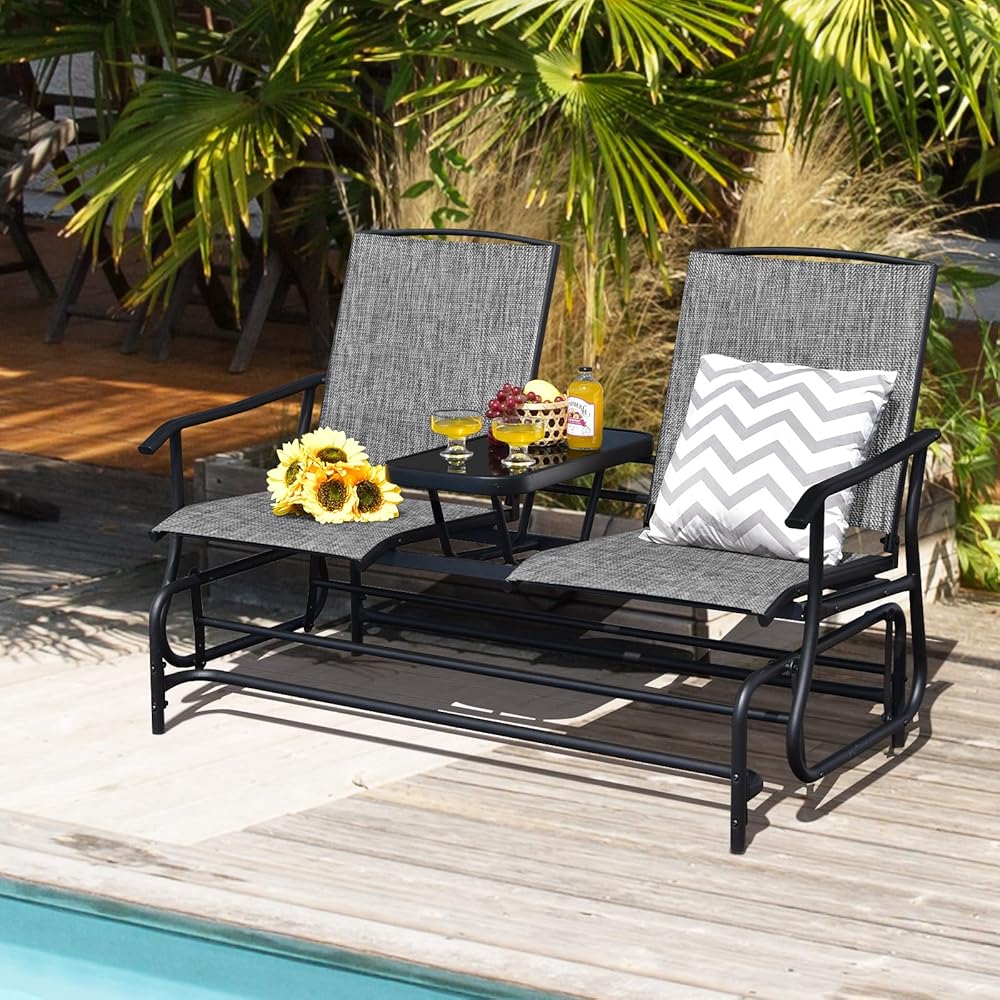 FANTASK 2 Person Outdoor Glider Bench w/Tempered Glass Table, Swing Patio Glider Chair with Steel Frame &amp; Breathable Seat, Double Rocking Chair for Porch, Poolside, Patio, Garden (Grey)