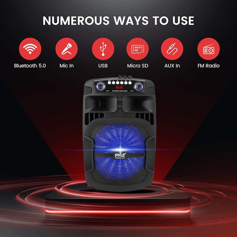 Pyle Portable Bluetooth PA Speaker System 800W 12 Inch Outdoor Speaker with Built-In Party Lights USB/SD Card Reader, FM Radio, Extendable Handle w/ Wheels Includes Wired Microphone &amp; Remote
