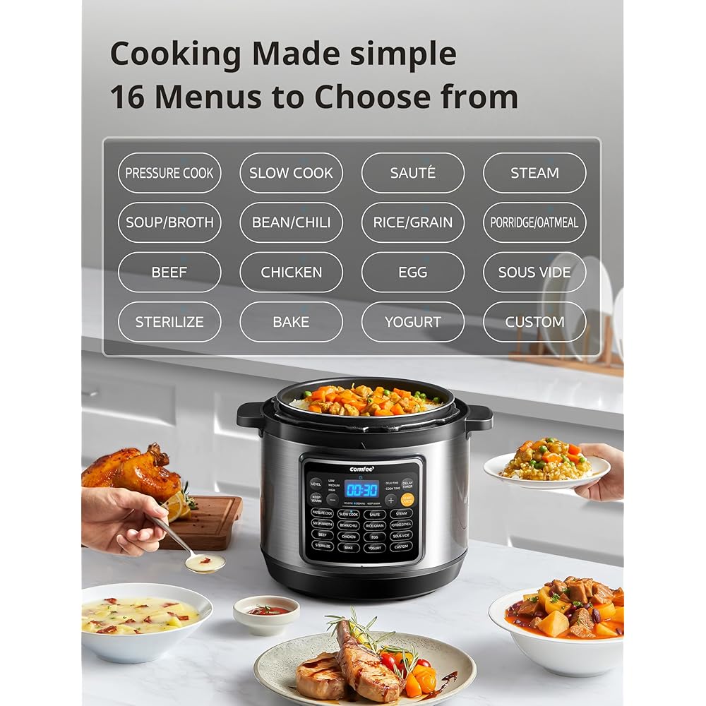 COMFEE’ 16 in 1 Electric Pressure Cooker Instant Multi Cooker Olla de Presion Non-Stick Pot Yogurt Maker Rice Cooker Slow Cooker Sauté Steamer 8 Quarts for Family Feast