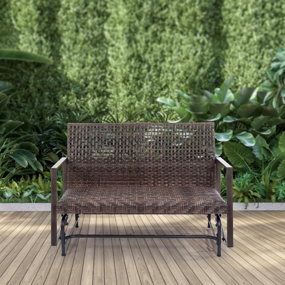 Wicker 2 Person Patio Glider with Double Weaved Wicker Seat, Powder Coated Metal Frame, 50" W x 25.5" D x 35.5" H, 400 Lb Weight Capacity
