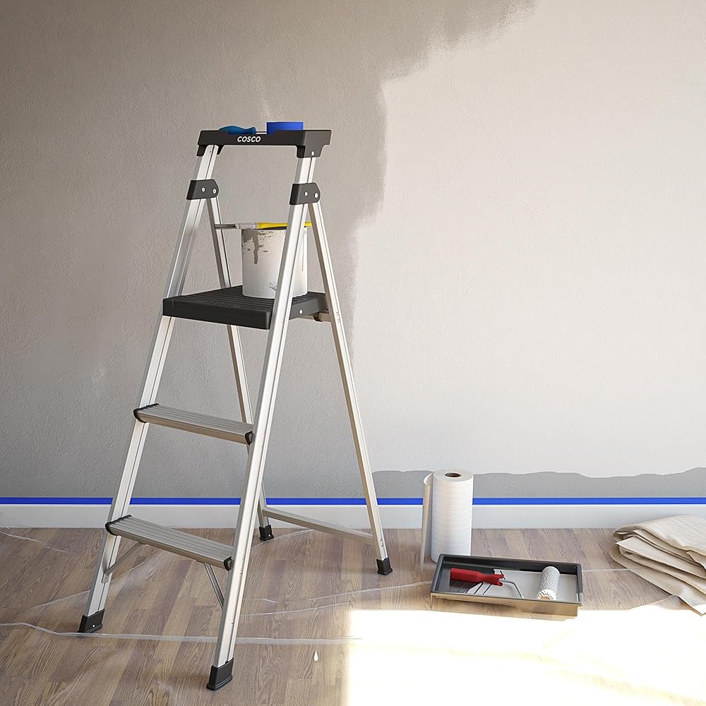 Cosco 3-Step Lightweight Aluminum Folding Step Ladder with Non-Marring Leg Tips, Slip-Resistant Platform, ANSI Rated 225 lbs, Home Furniture and Furnishings
