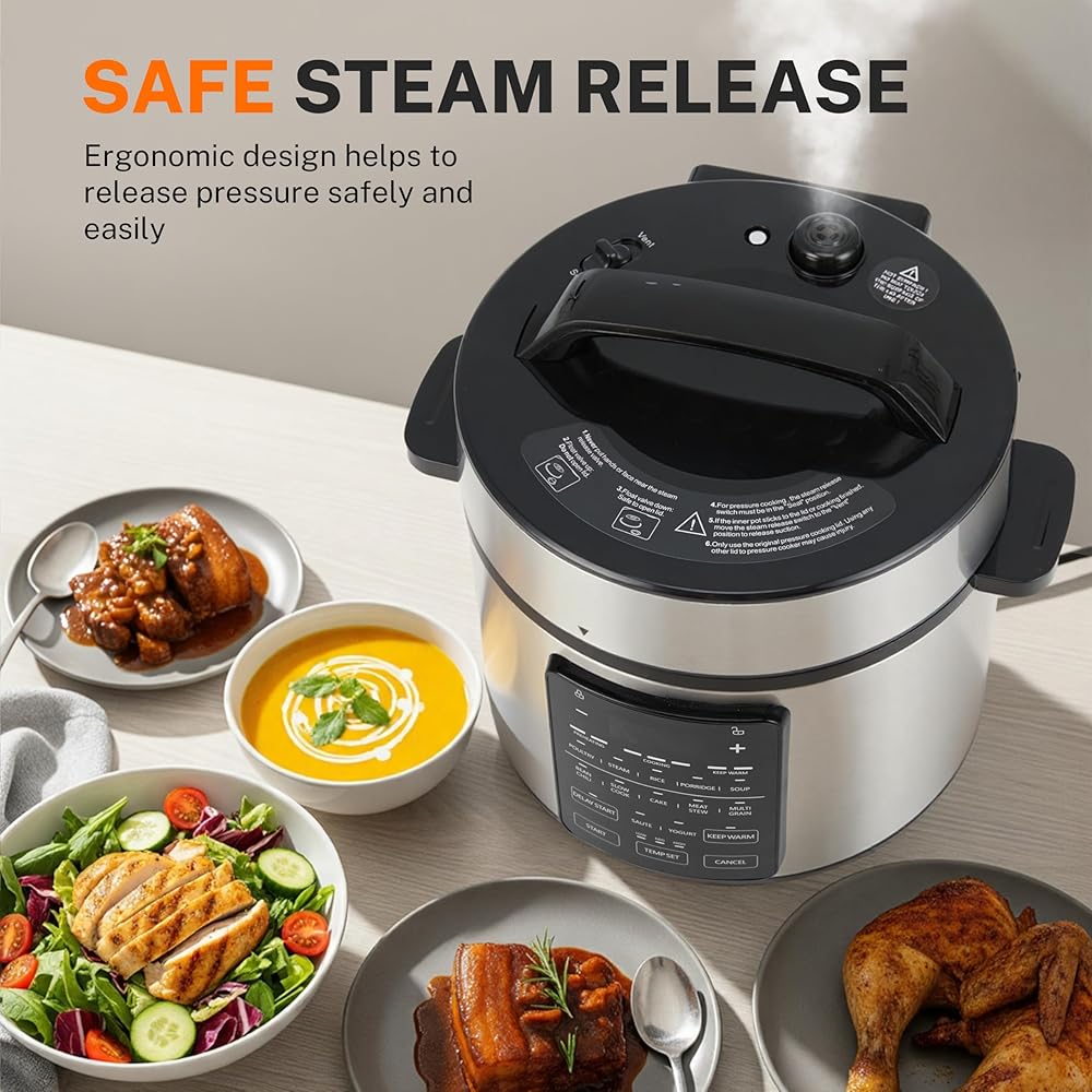 Simple Deluxe 12-in-1 Electric Pressure Cooker, 6QT Stainless Steel &amp; Non-Stick Multi Cooker for Slow Cook, Meat Stew, Cake, Porridge, Multigrain, Dishwasher Safe, Silver