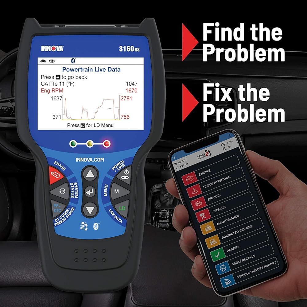 INNOVA 3160RS OBD2 Scanner, ABS Brake Bleeder, ABS SRS Engine Transmission Diagnoses, Airbag Light Reset, Car Battery Tester &amp; Alternator Tester, Battery Reset, Fix &amp; Parts Recommendations