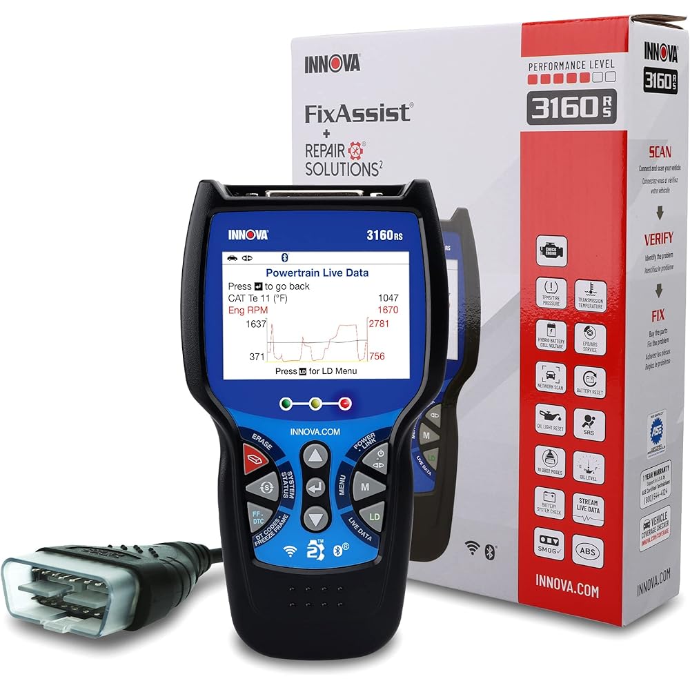 INNOVA 3160RS OBD2 Scanner, ABS Brake Bleeder, ABS SRS Engine Transmission Diagnoses, Airbag Light Reset, Car Battery Tester &amp; Alternator Tester, Battery Reset, Fix &amp; Parts Recommendations