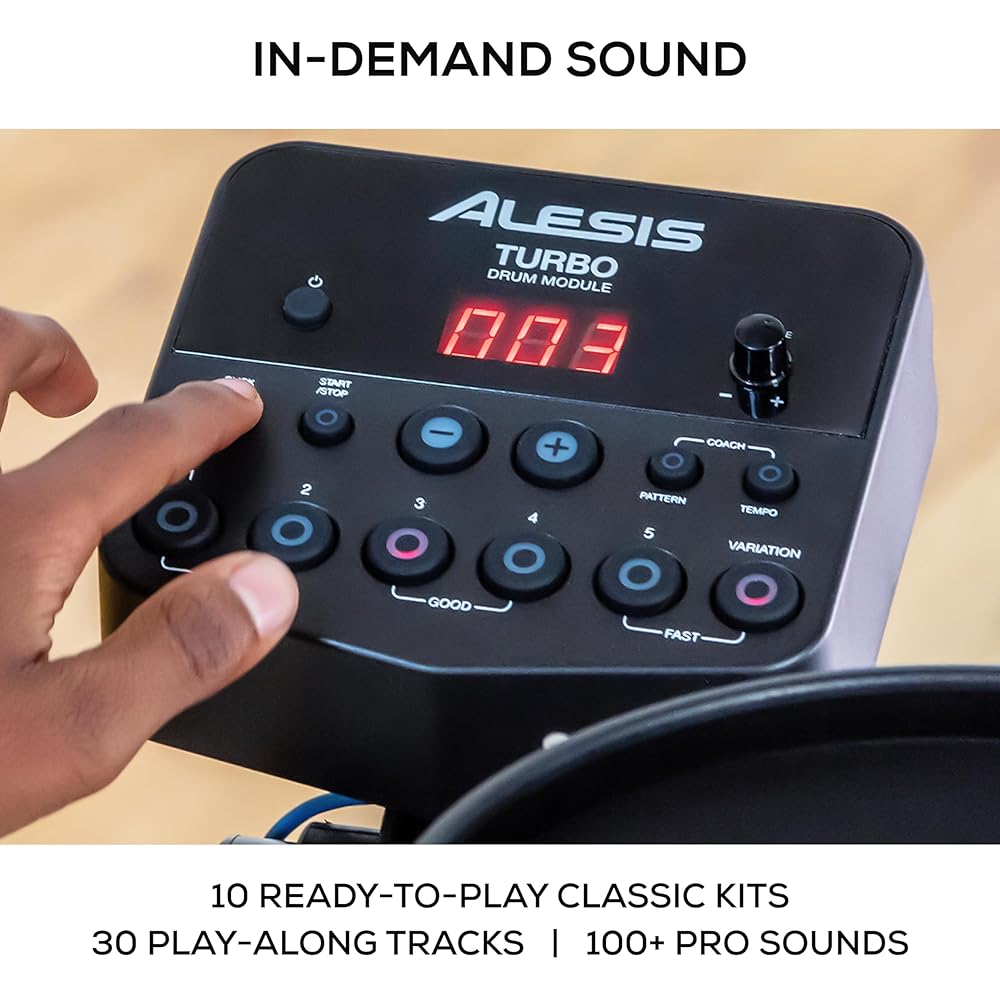 Alesis Turbo Mesh Kit – Electric Drum Set With 100+ Sounds, Quiet Mesh Drum Pads, Drum Sticks, Connection Cables, Drum Lessons
