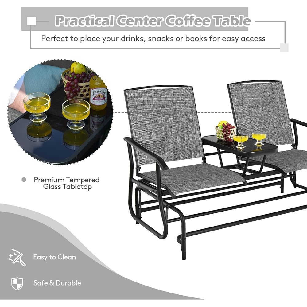 FANTASK 2 Person Outdoor Glider Bench w/Tempered Glass Table, Swing Patio Glider Chair with Steel Frame &amp; Breathable Seat, Double Rocking Chair for Porch, Poolside, Patio, Garden (Grey)
