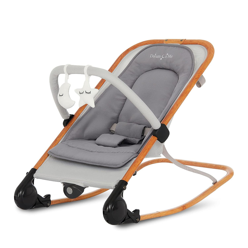 Dream on Me Rock with me 2-in-1 Rocker and Stationary Seat | Compact Portable Infant Rocker with Removable Toys Bar &amp; Hanging Toys in Grey
