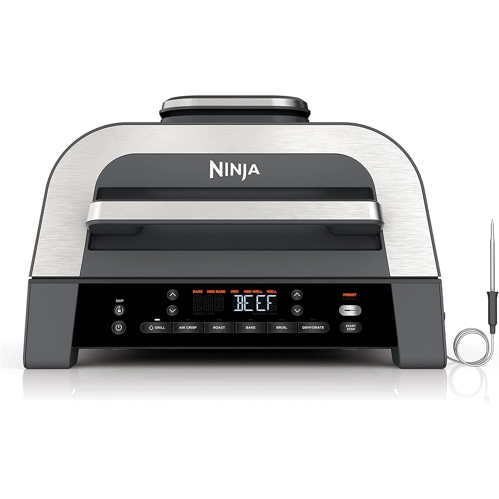 Ninja DG551 Foodi Smart XL 6-in-1 Indoor Grill with Air Fry, Roast, Bake, Broil, &amp; Dehydrate, Foodi Smart Thermometer, 2nd Generation, Black/Silver