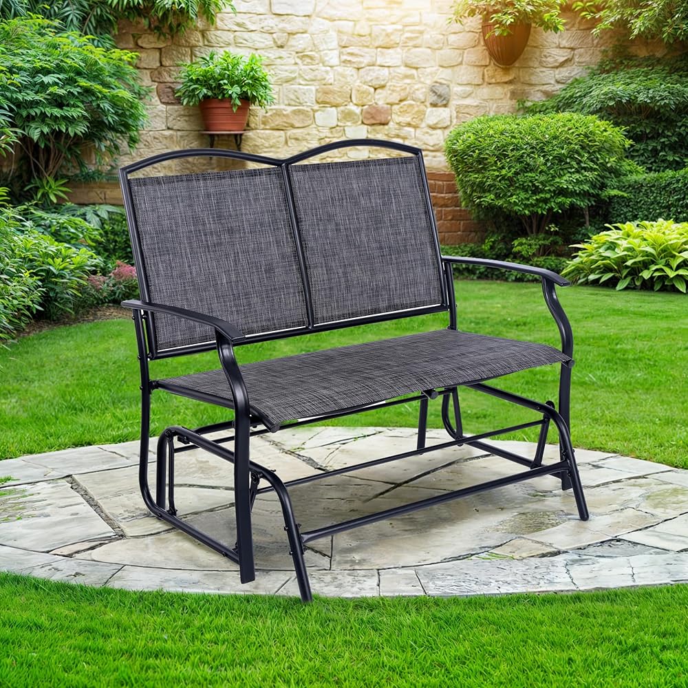 Backyard Expressions 2-Person Outdoor Glider Bench, Patio Double Swing Rocking Chair Loveseat w/Powder Coated Steel Frame for Backyard Garden Porch, Black Frame Heathered Grey Sling Fabric