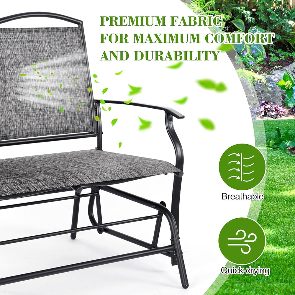 Backyard Expressions 2-Person Outdoor Glider Bench, Patio Double Swing Rocking Chair Loveseat w/Powder Coated Steel Frame for Backyard Garden Porch, Black Frame Heathered Grey Sling Fabric